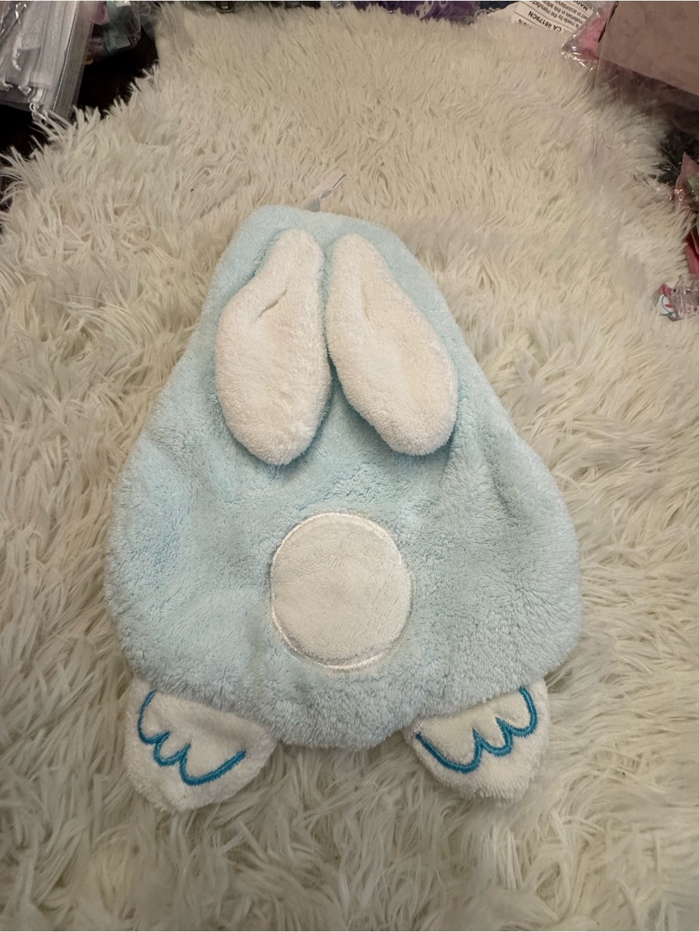 Plush Bunny Ears Hooded hand towel bathroom kitchen hanging - Light Blue & White